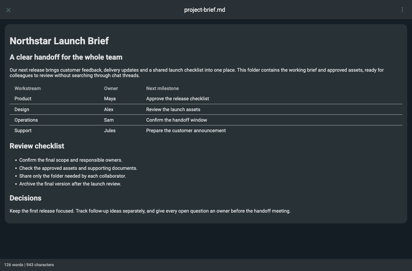 A real project handoff document rendered with headings, a team table and a checklist