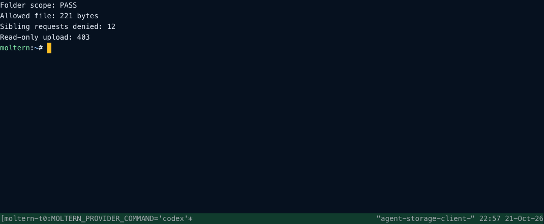 A real agent reads its allowed file while sibling-folder requests and an upload are denied