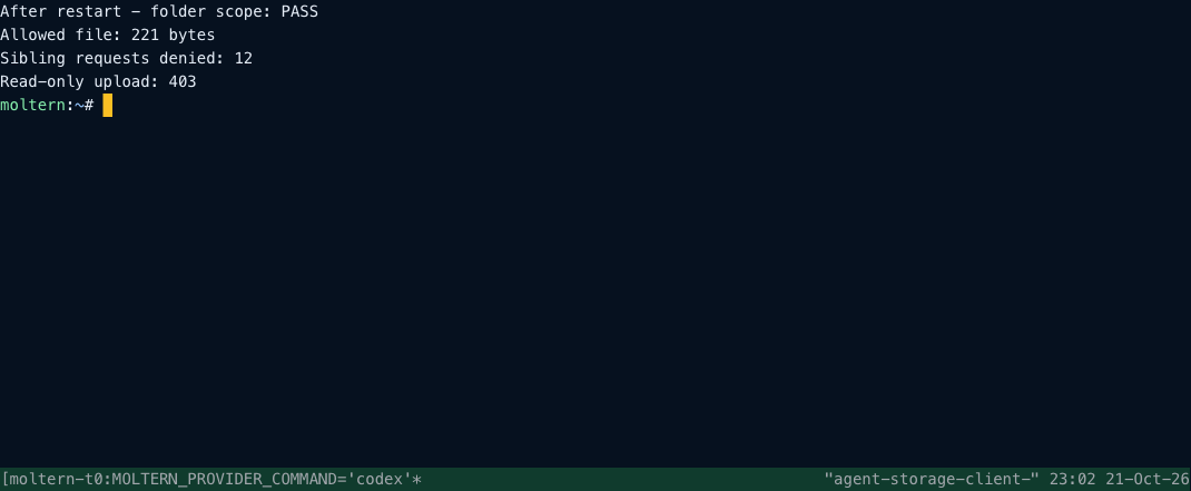 The same restricted agent still reads its file and cannot reach sibling folders after restart