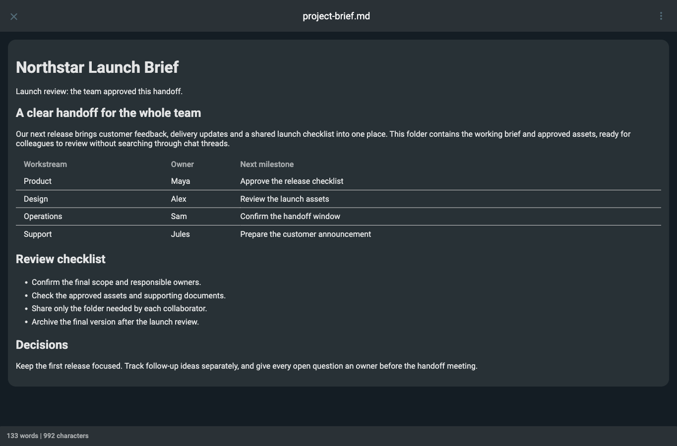 The edited handoff document remains available after the file service restarts