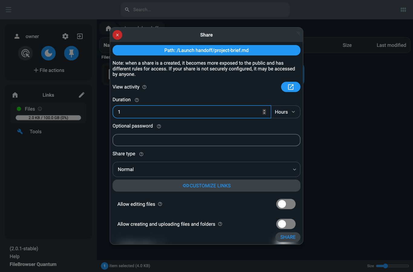 Creating a short-lived single-document share with editing, uploads and deletion disabled