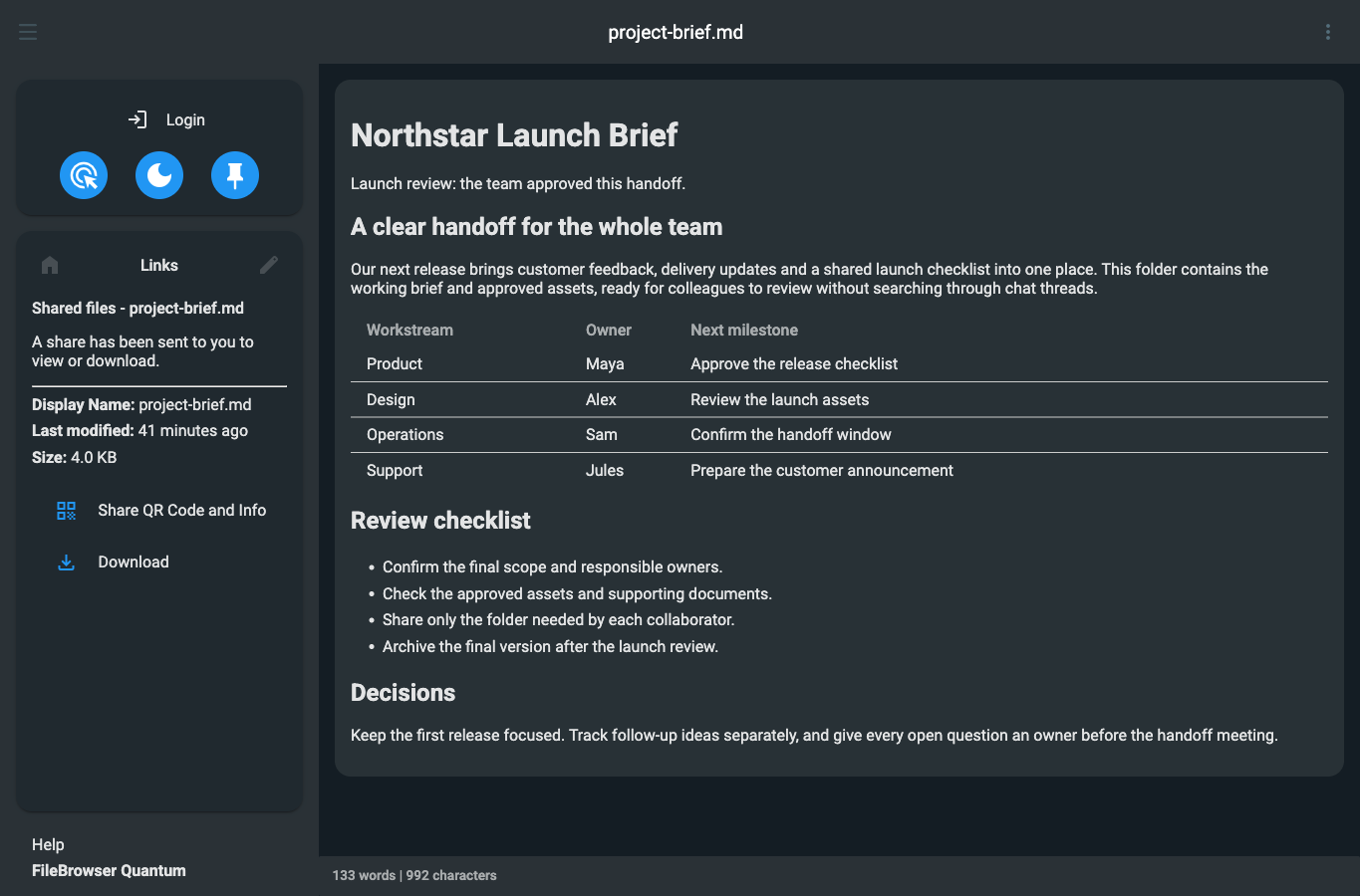 The password-authorised guest can read the shared project brief without an owner account