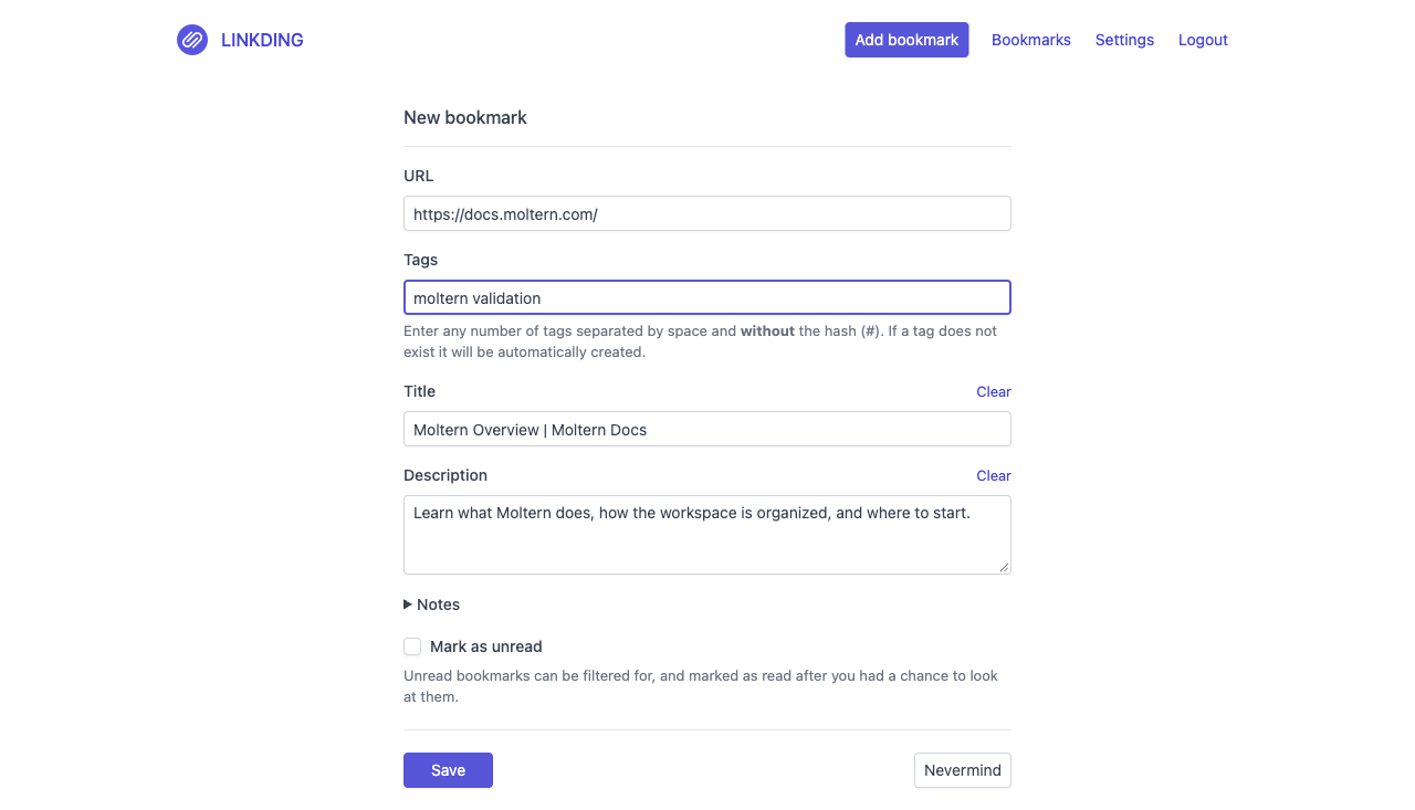 Actual Linkding bookmark form after fetching the title and description from the Moltern documentation URL
