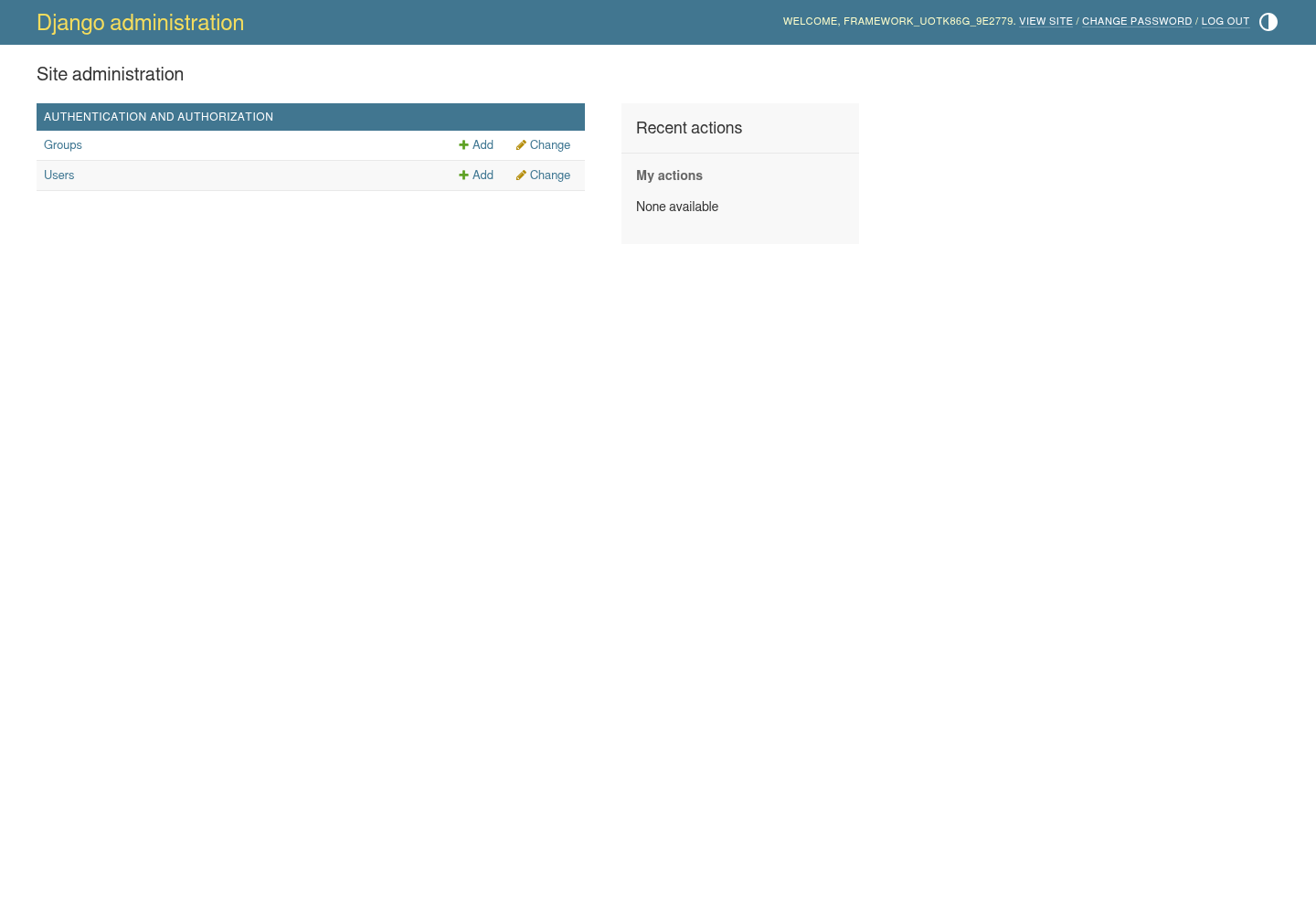 Authenticated Django administration page on a Moltern development workspace