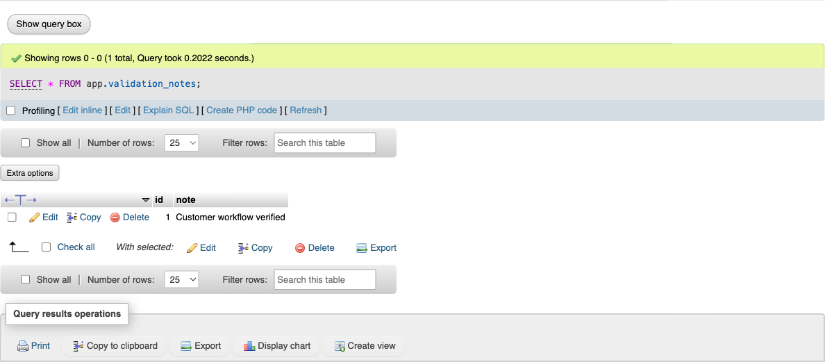A saved record returned by phpMyAdmin after a database restart