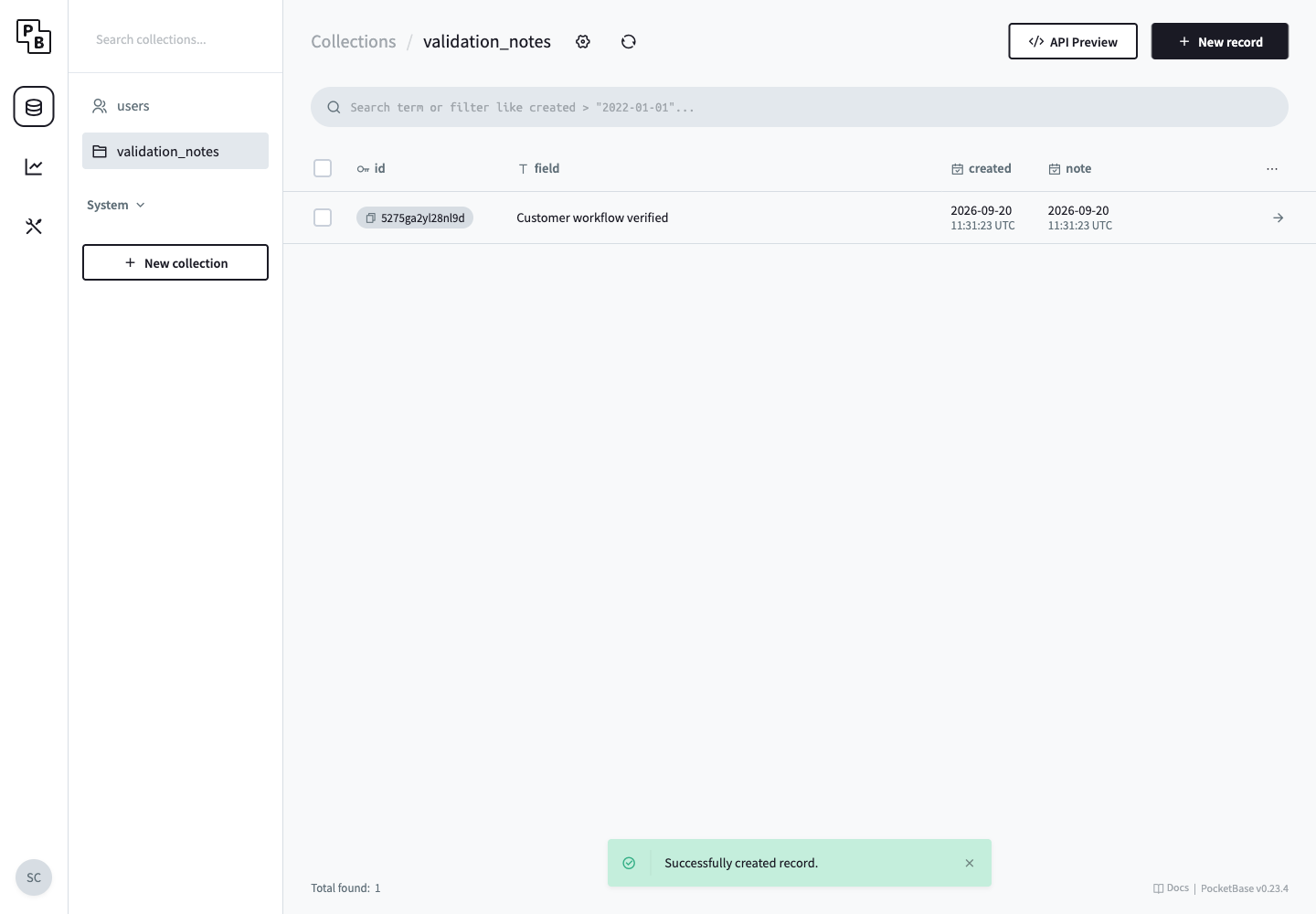 A record created in the PocketBase administration interface
