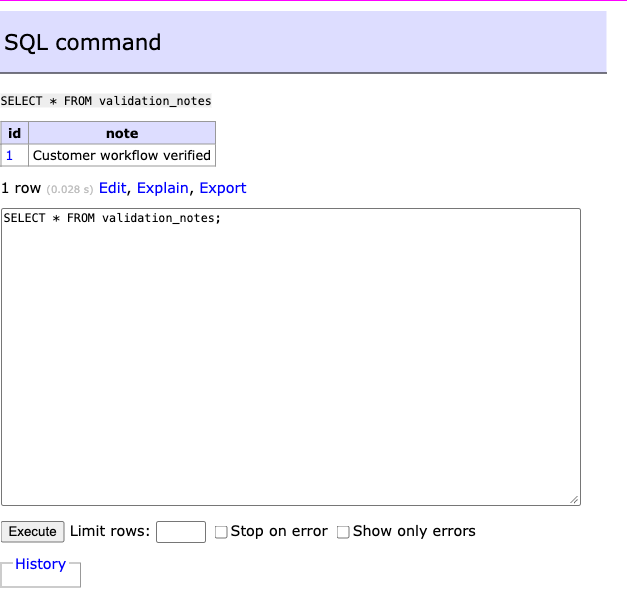 A saved PostgreSQL record queried through Adminer