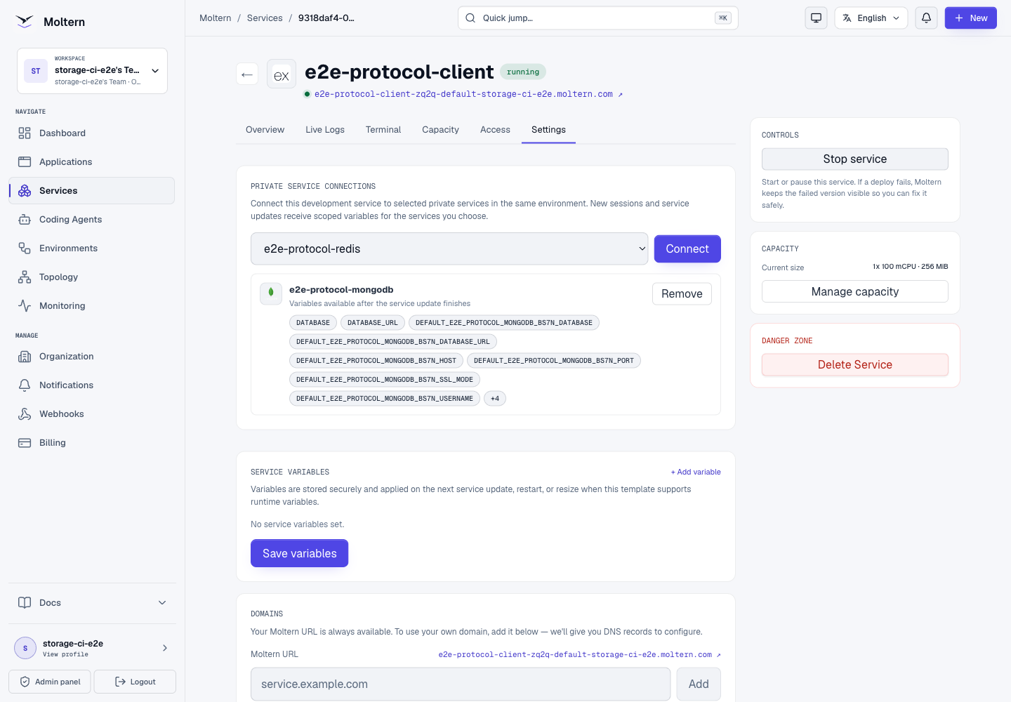 MongoDB connected privately to a development service
