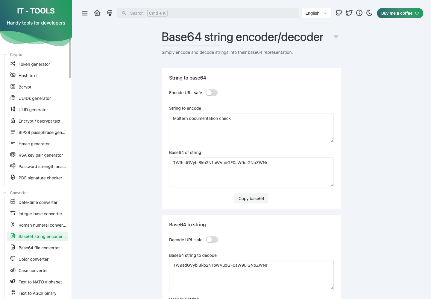Base64 conversion in a real IT Tools deployment with non-sensitive sample text