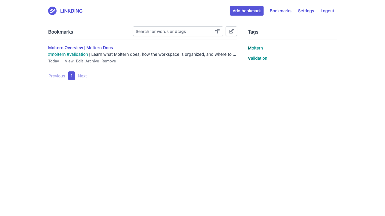 Actual Linkding library with a saved Moltern documentation bookmark, tags and description