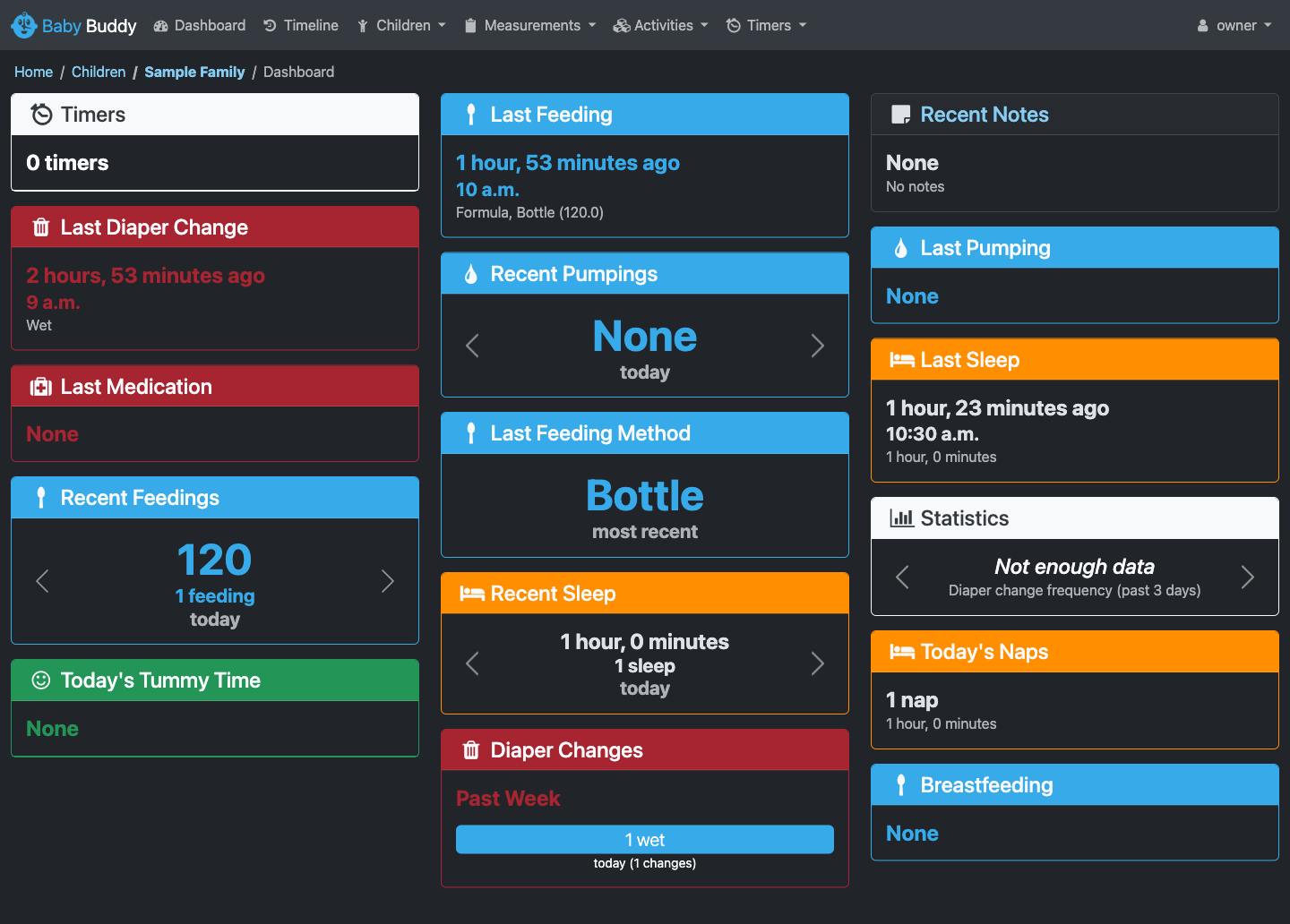 The real Baby Buddy dashboard showing the fictional feeding, diaper change and one-hour sleep saved during testing