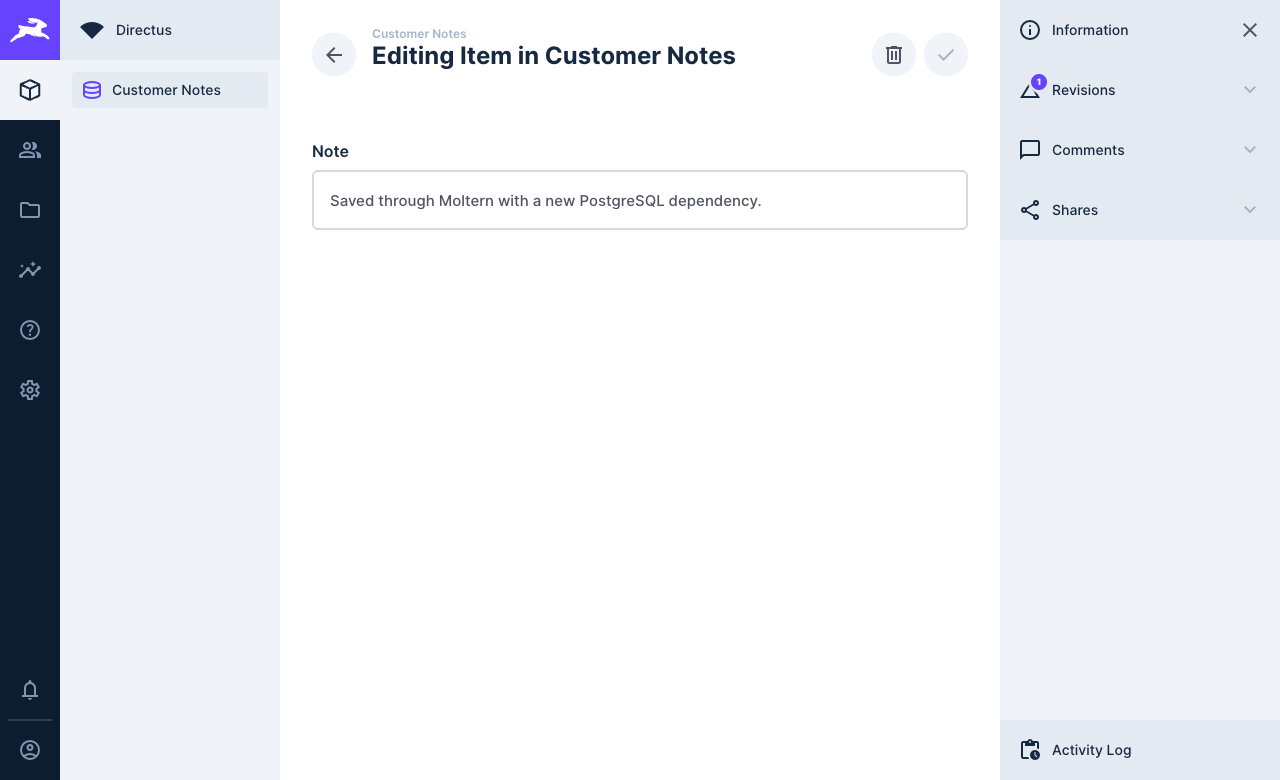 Actual Directus customer note reopened from its PostgreSQL-backed collection