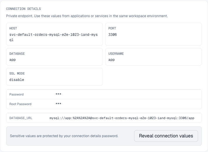 Private MySQL connection details with both passwords and the URI password masked