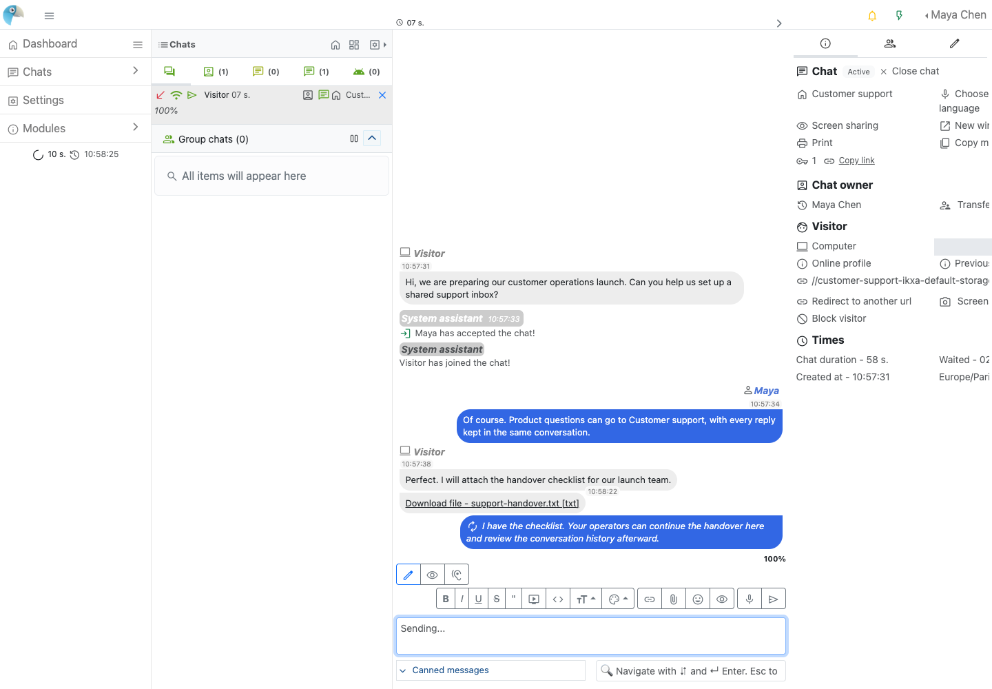 A support conversation with its downloadable handover attachment