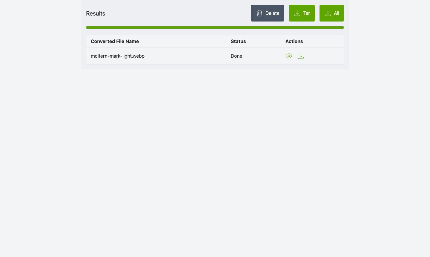 A real PNG-to-WebP conversion completed in ConvertX, with downloadable output