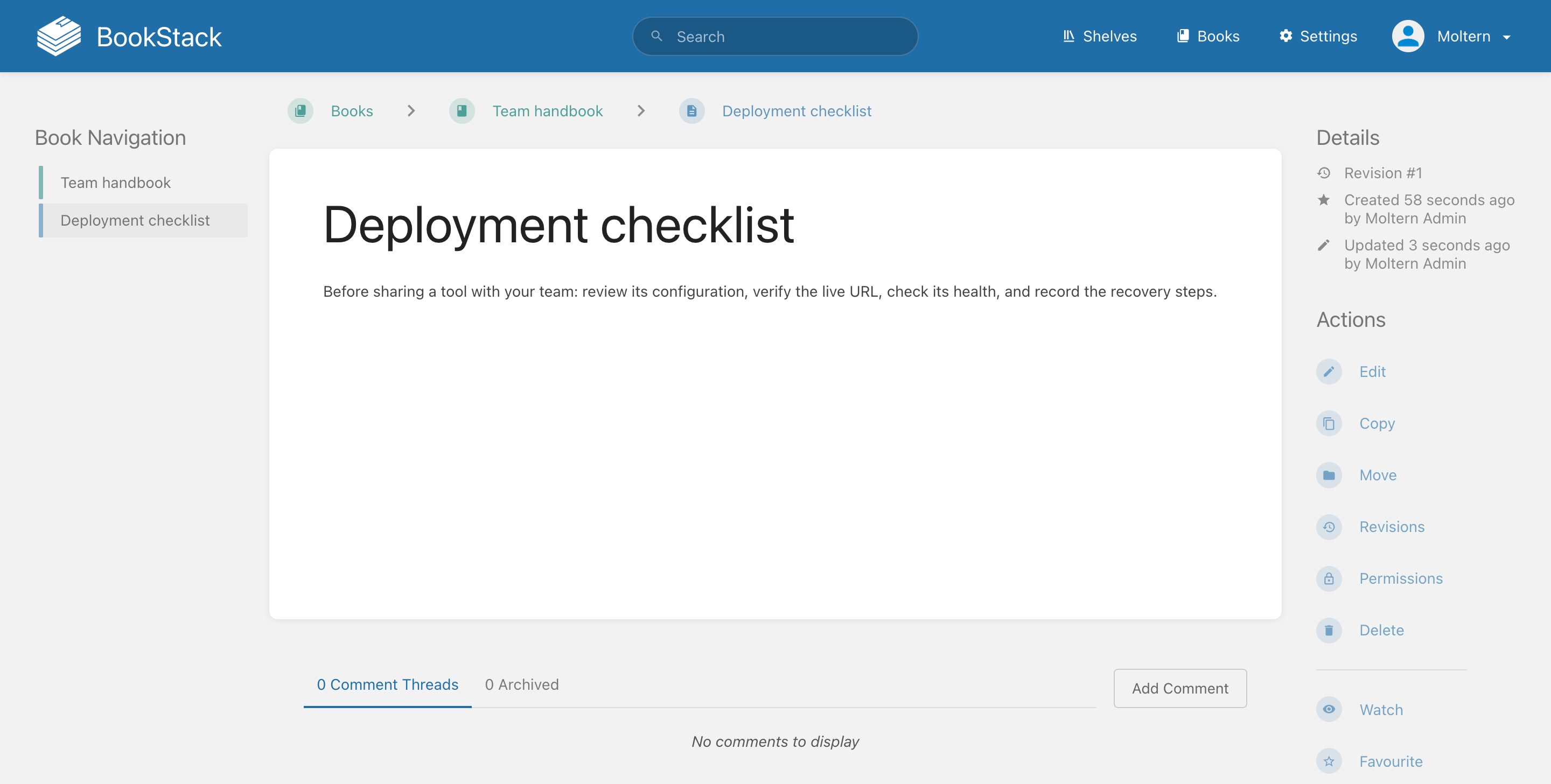 A saved deployment checklist inside a BookStack team handbook