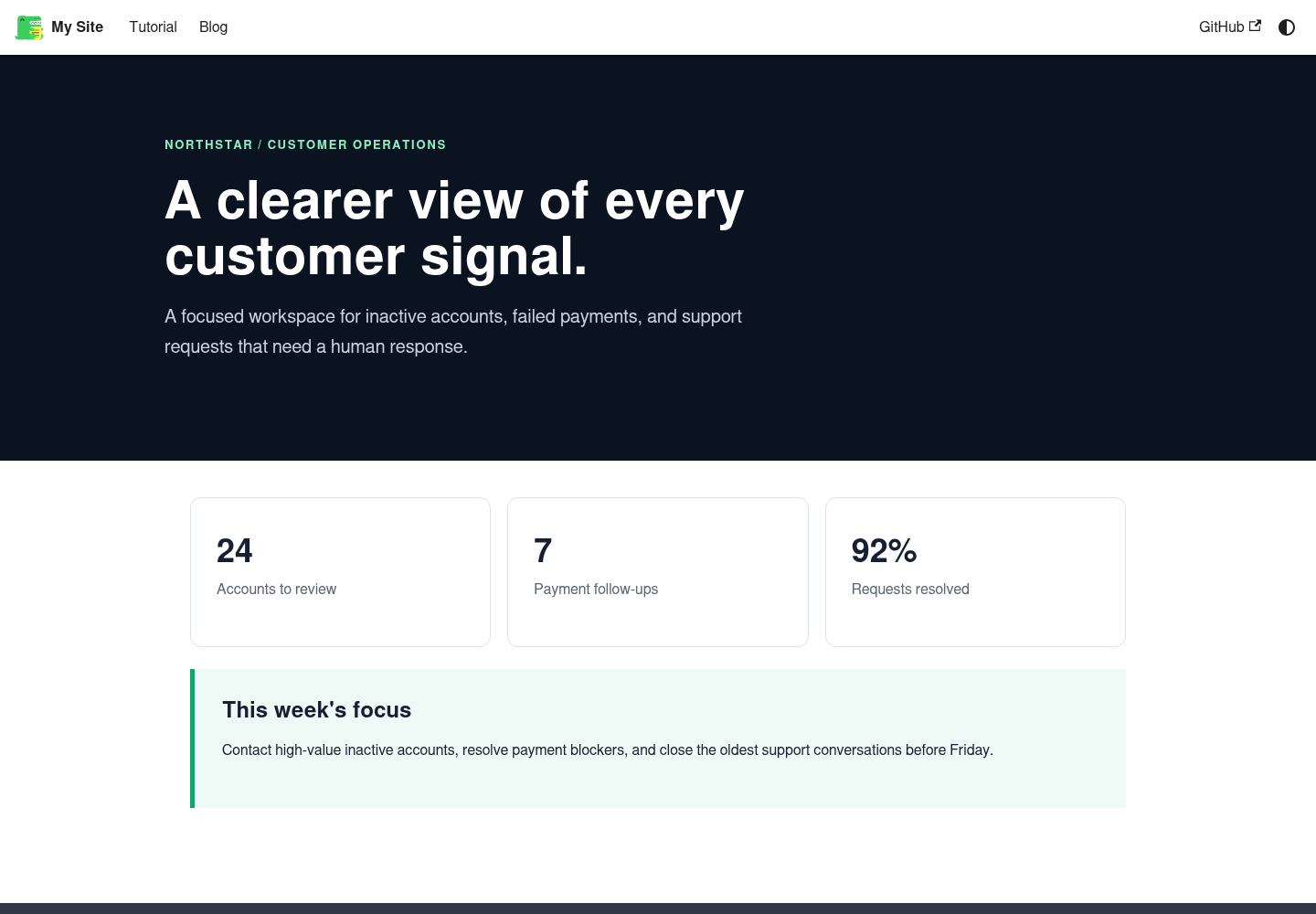 A branded customer operations documentation site built with Docusaurus