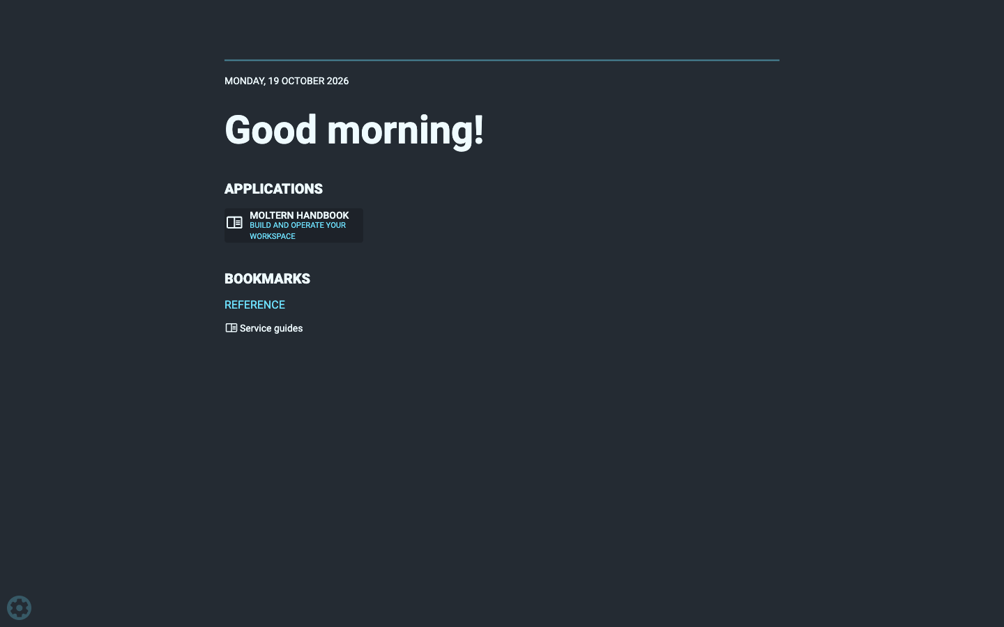 A configured Flame start page with applications and grouped bookmarks