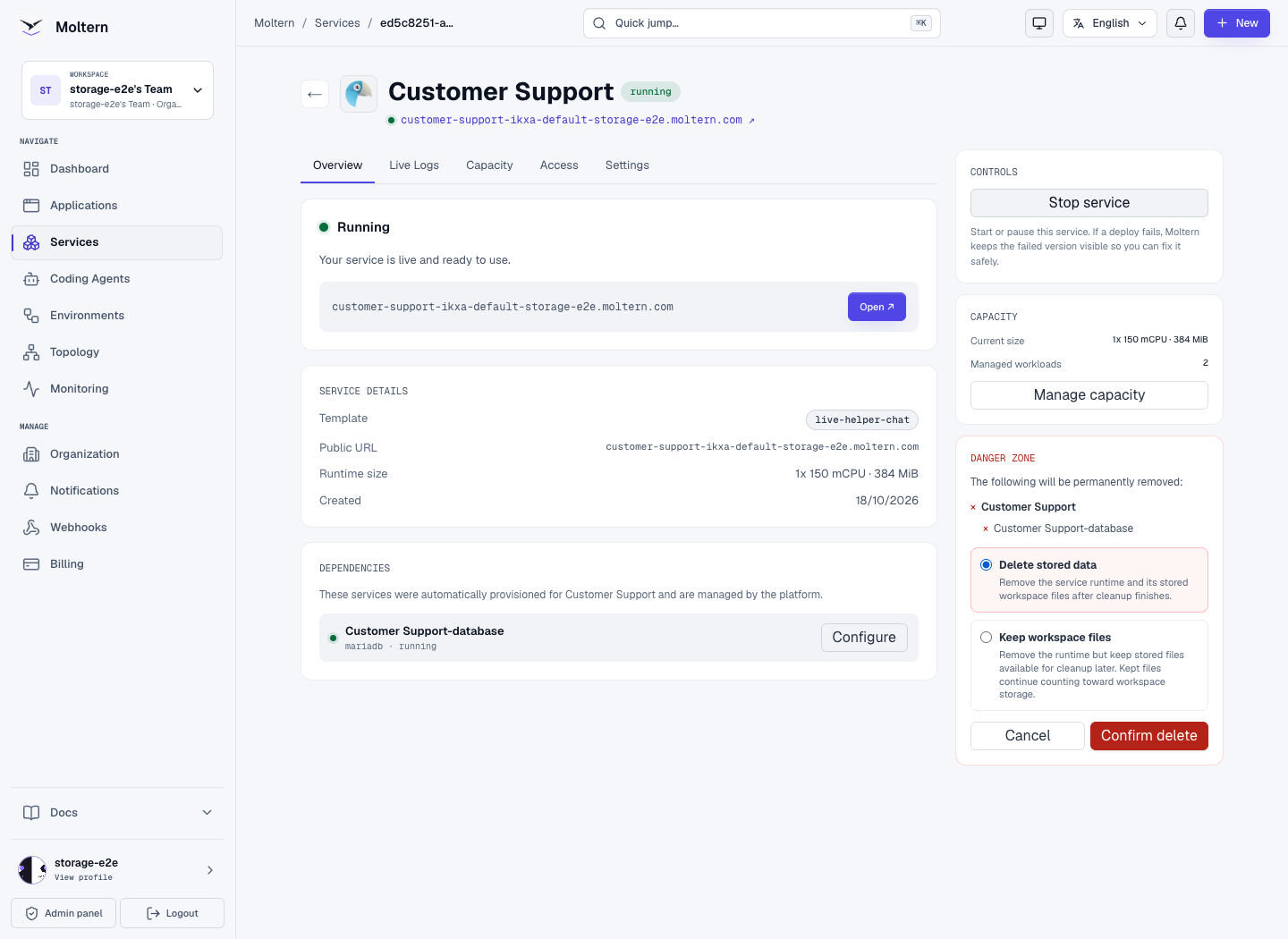 Reviewing deletion of only the support application, its managed database and stored files