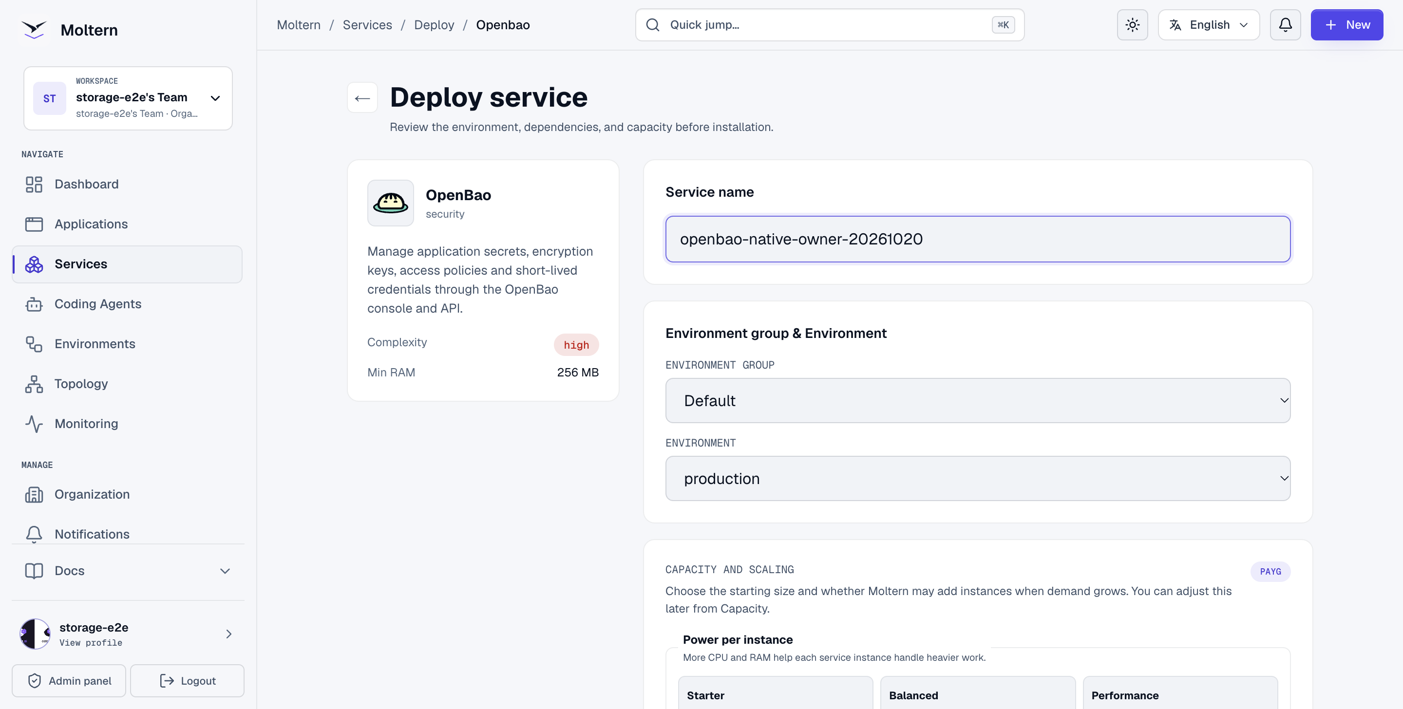 Configuring OpenBao and its private managed database in Moltern