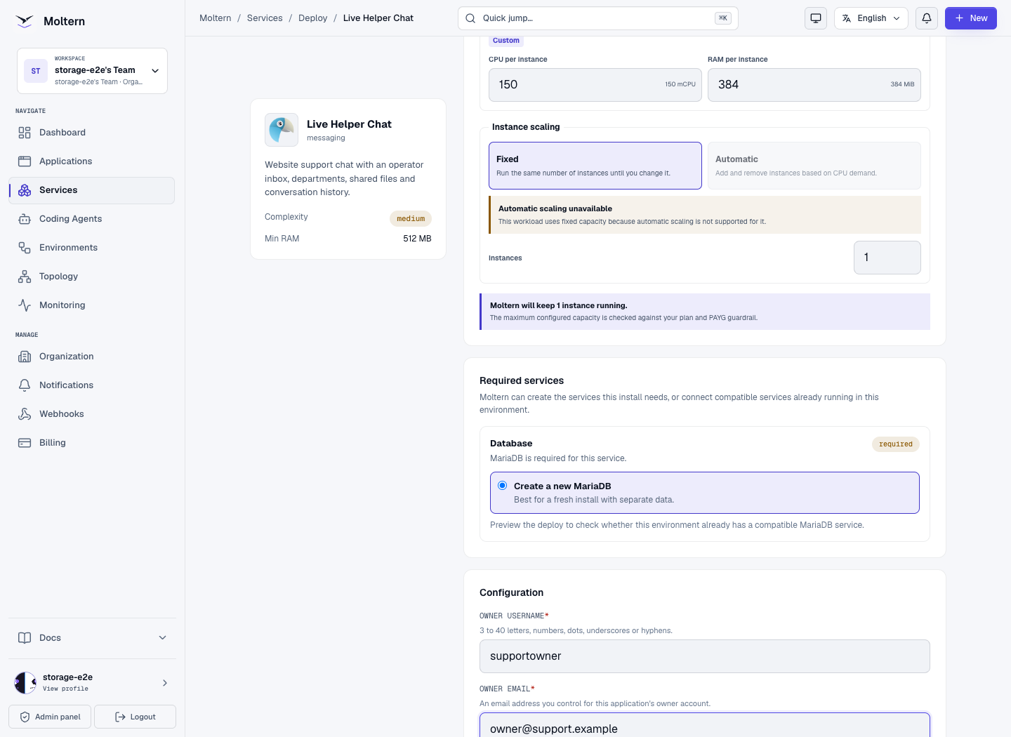 Selecting Live Helper Chat capacity in the real Moltern deployment form