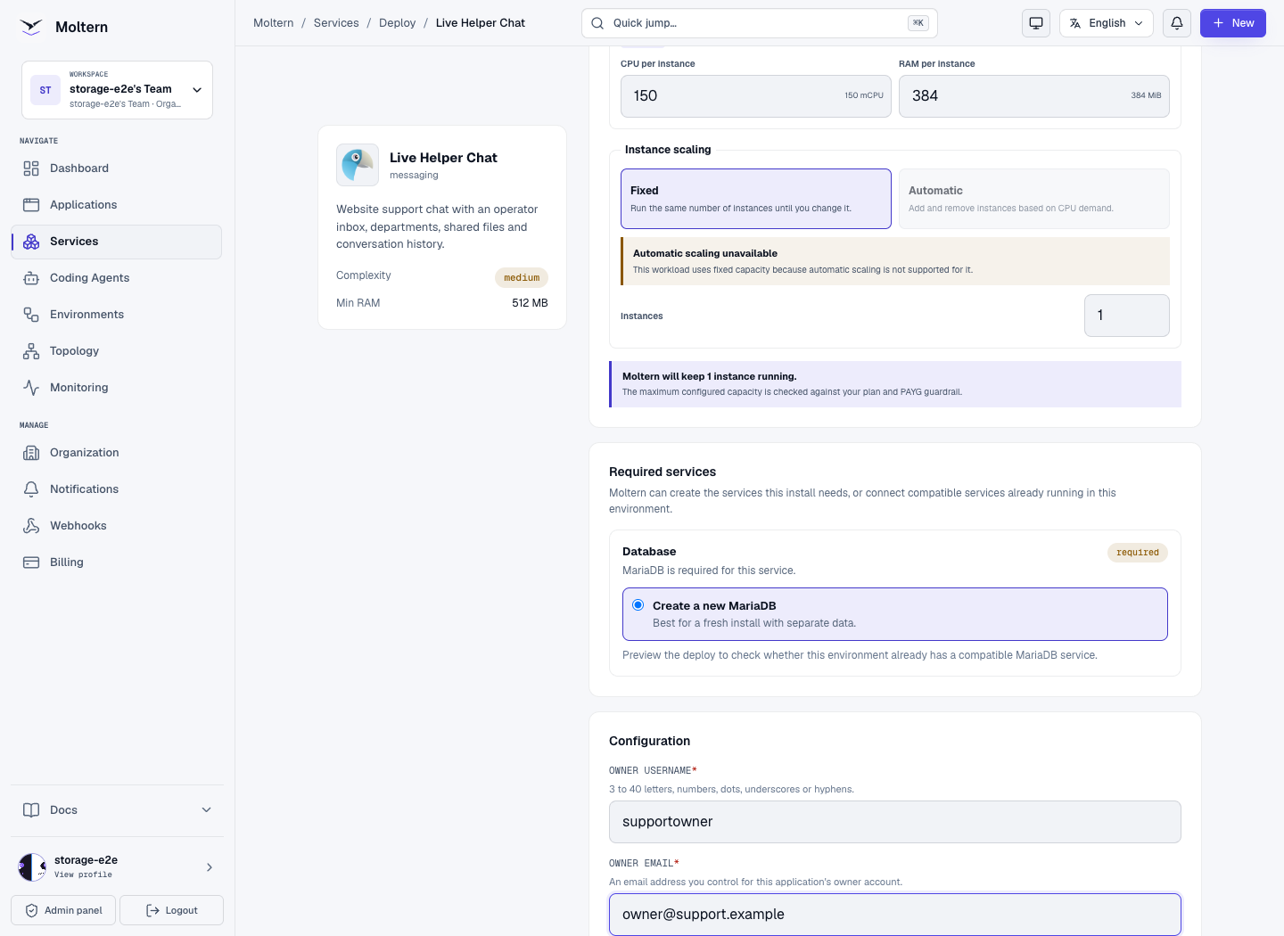 Choosing the initial owner and managed database before installing Live Helper Chat
