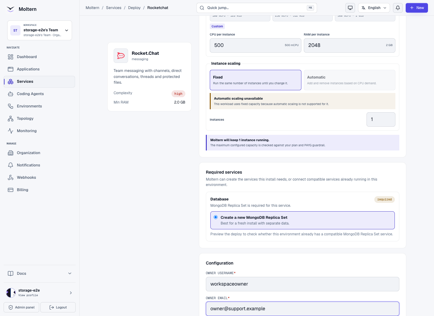 Rocket.Chat's managed replica-set dependency and initial owner configuration