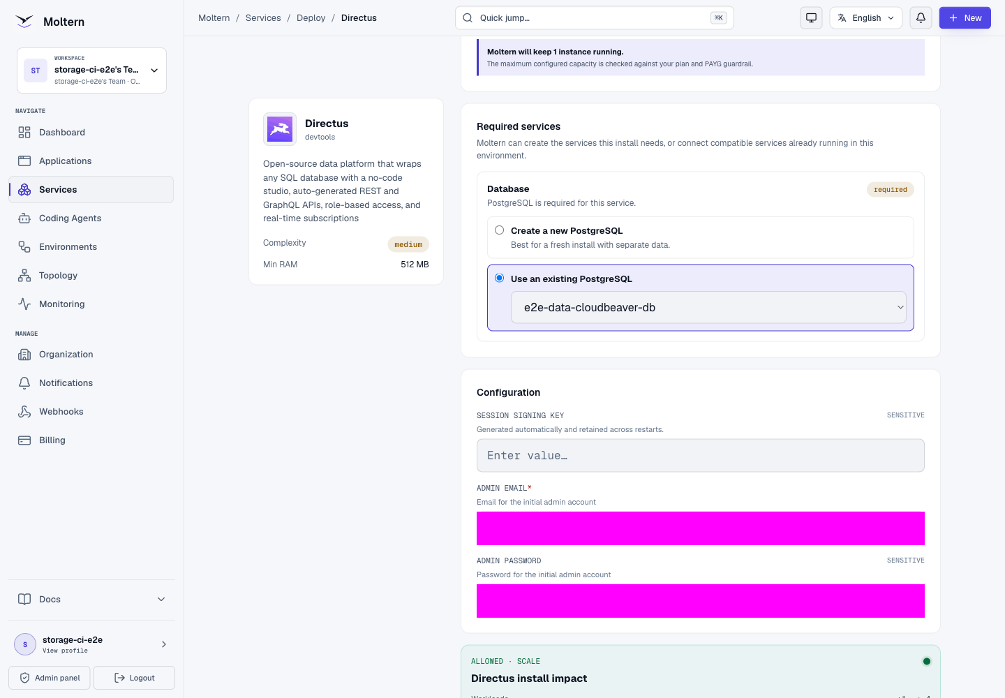 Directus deployment with an existing PostgreSQL selected and credentials hidden