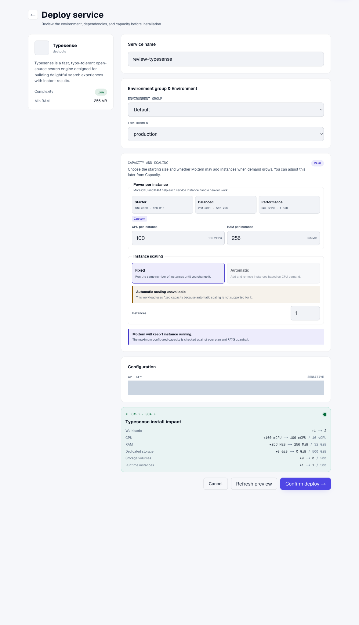 Actual Typesense deployment preview with secret values concealed