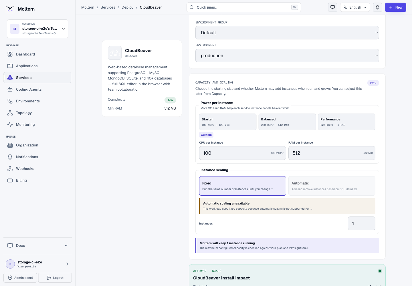 CloudBeaver deployment preview in Moltern