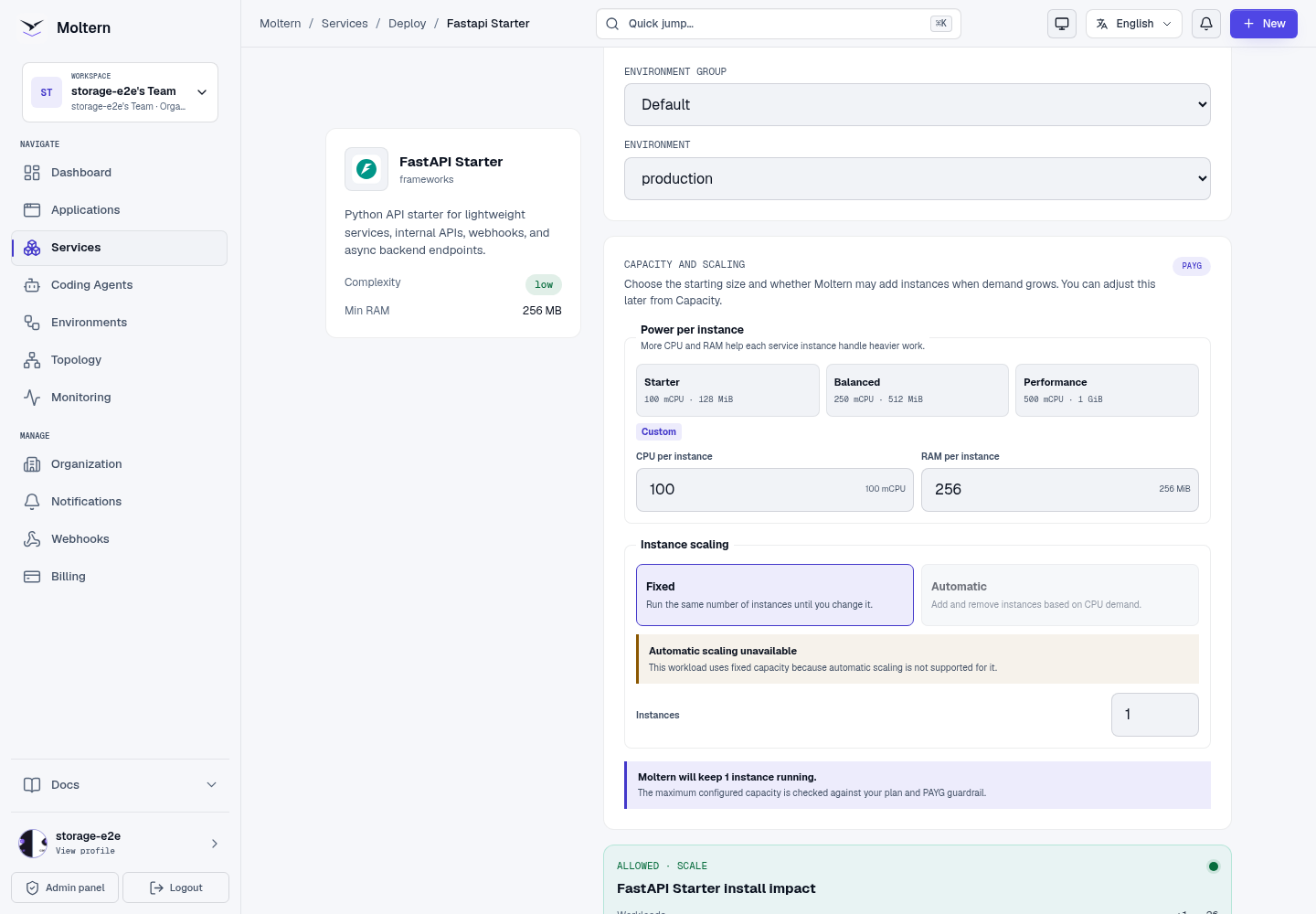 FastAPI Starter capacity and deployment preview in Moltern