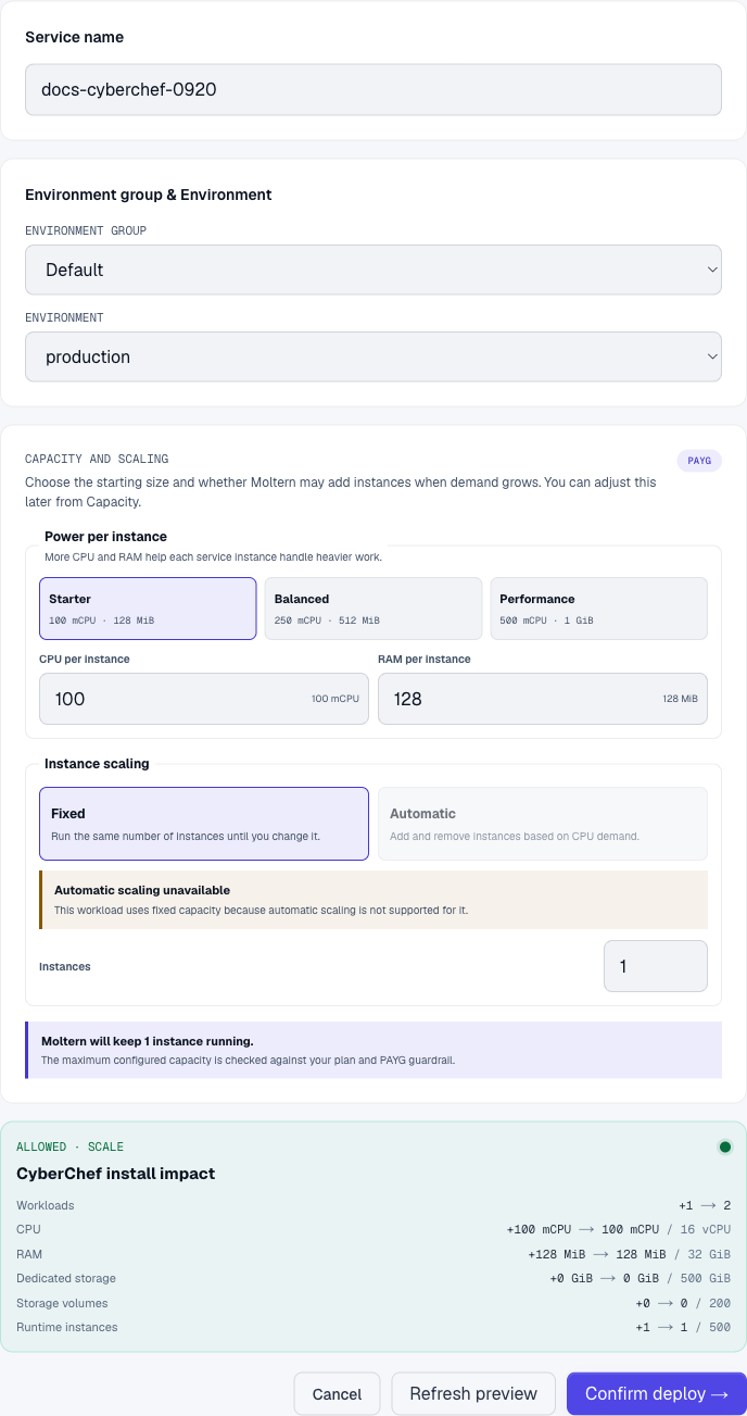 CyberChef deployment form and resource preview in Moltern