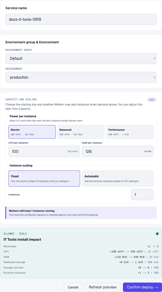 Real Moltern deployment form showing IT Tools capacity and install impact