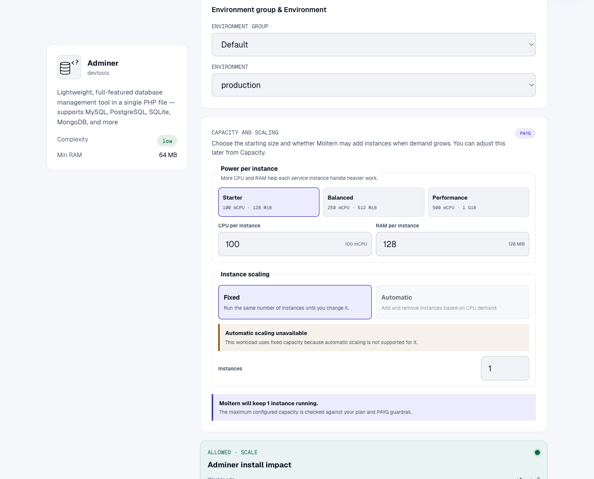 Adminer deployment preview in Moltern