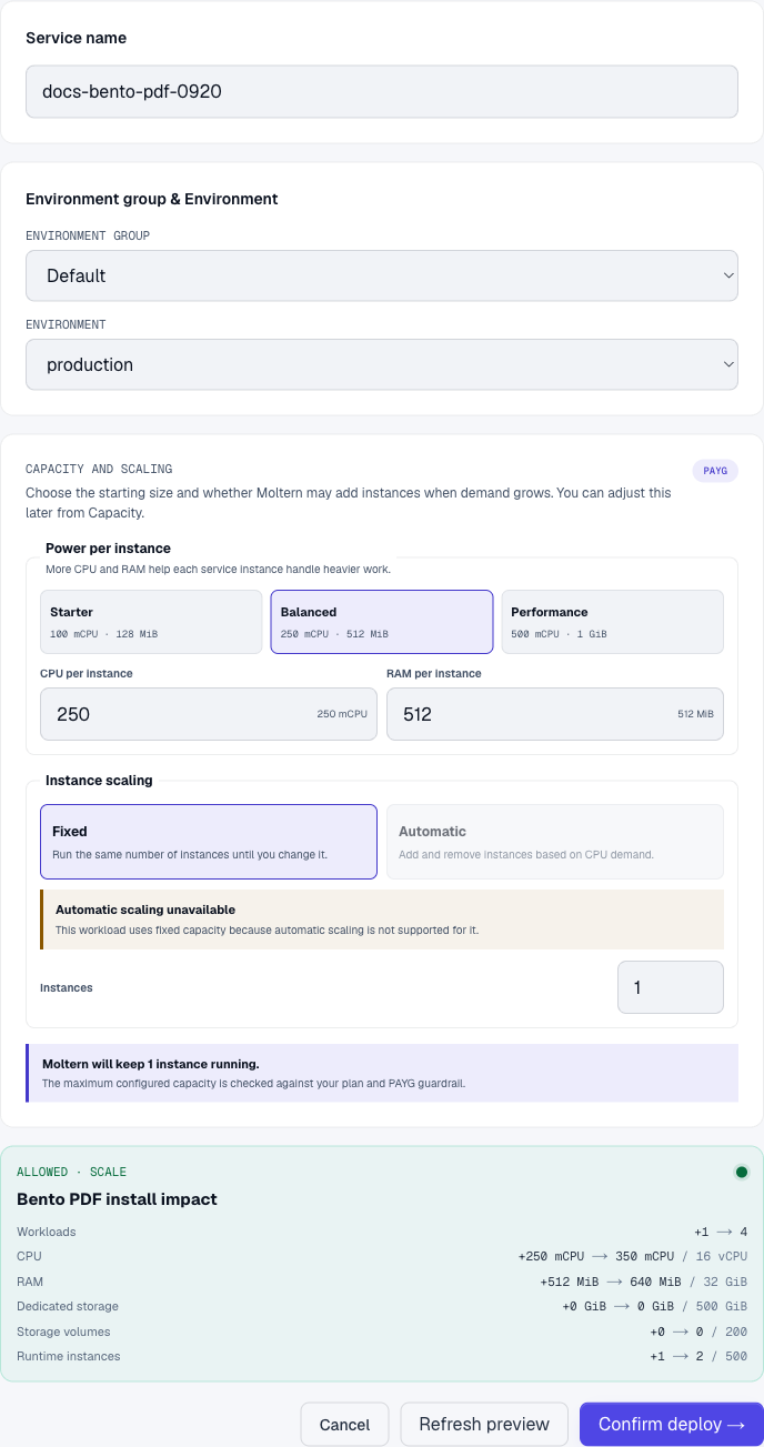 Bento PDF deployment form with Balanced capacity and install impact