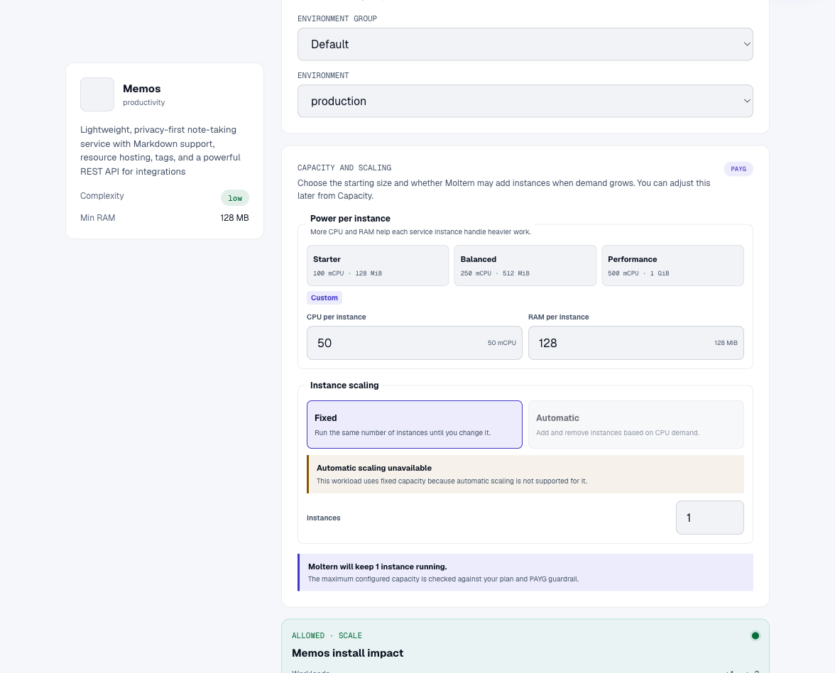 Real Memos deployment preview in Moltern with fixed capacity and no additional dedicated volumes