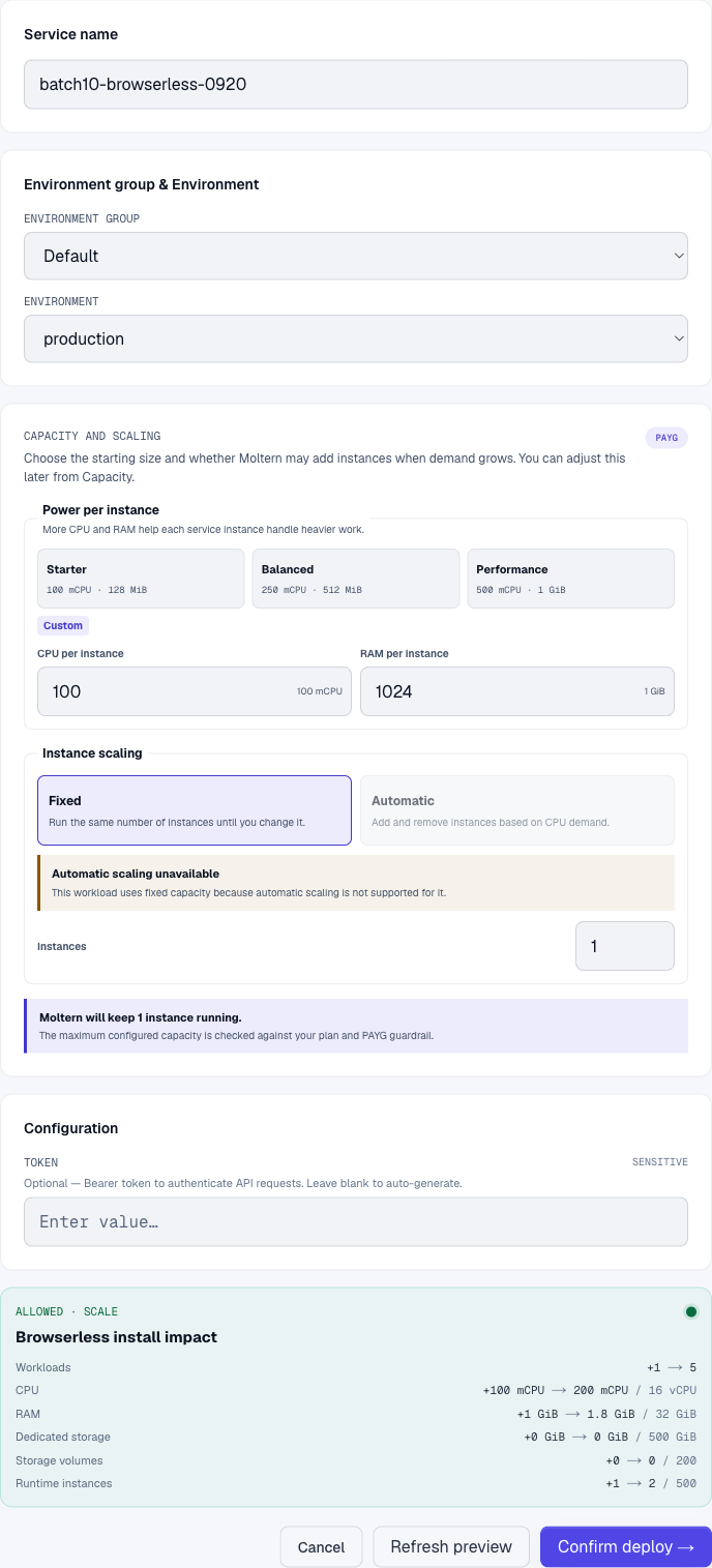 Browserless deployment preview in Moltern