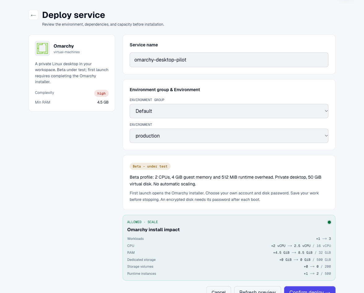 Omarchy deployment settings and capacity preview in Moltern