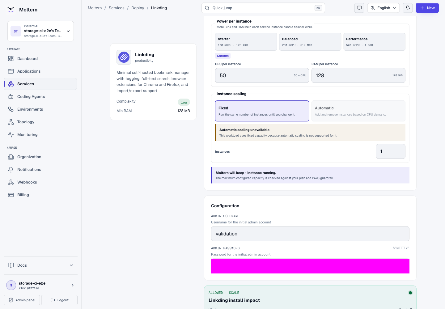 Real Moltern Linkding deploy form with masked credentials and storage-impact preview