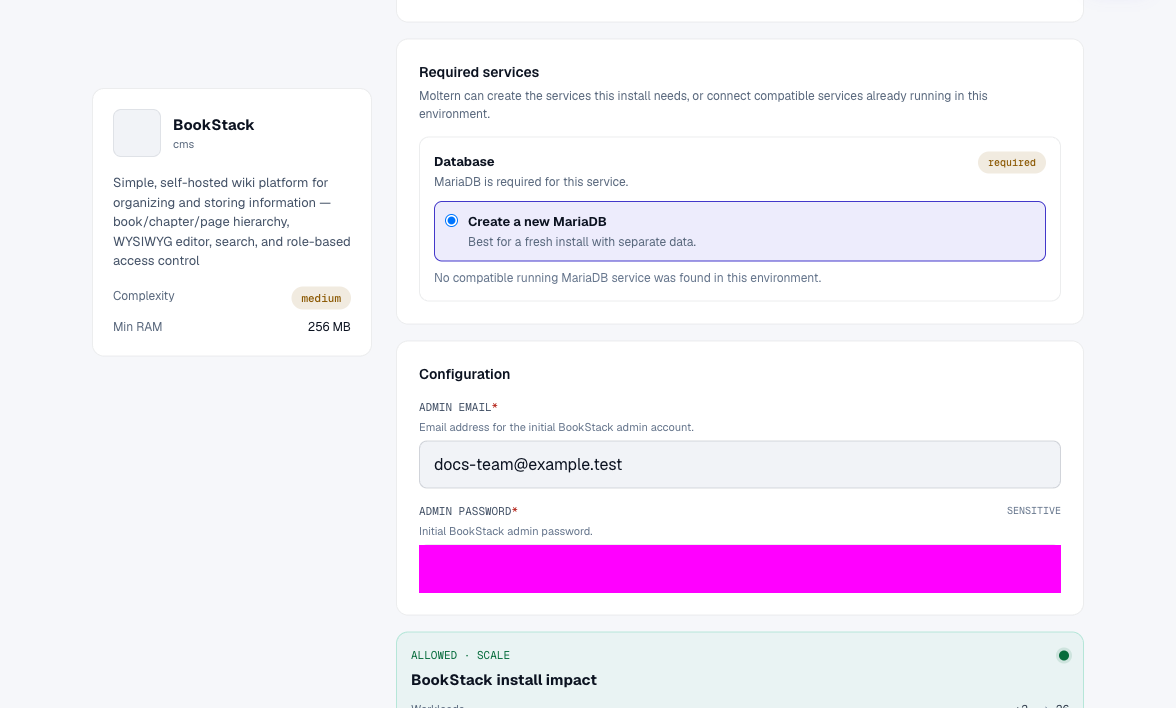 BookStack deployment preview with its database dependency and resource impact