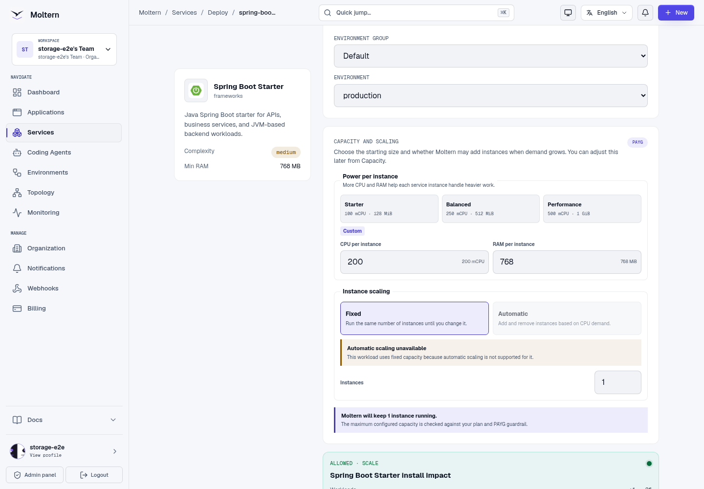 Spring Boot deployment form and capacity preview