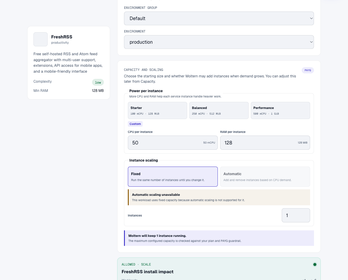 Real FreshRSS deployment preview in Moltern showing the selected environment and capacity