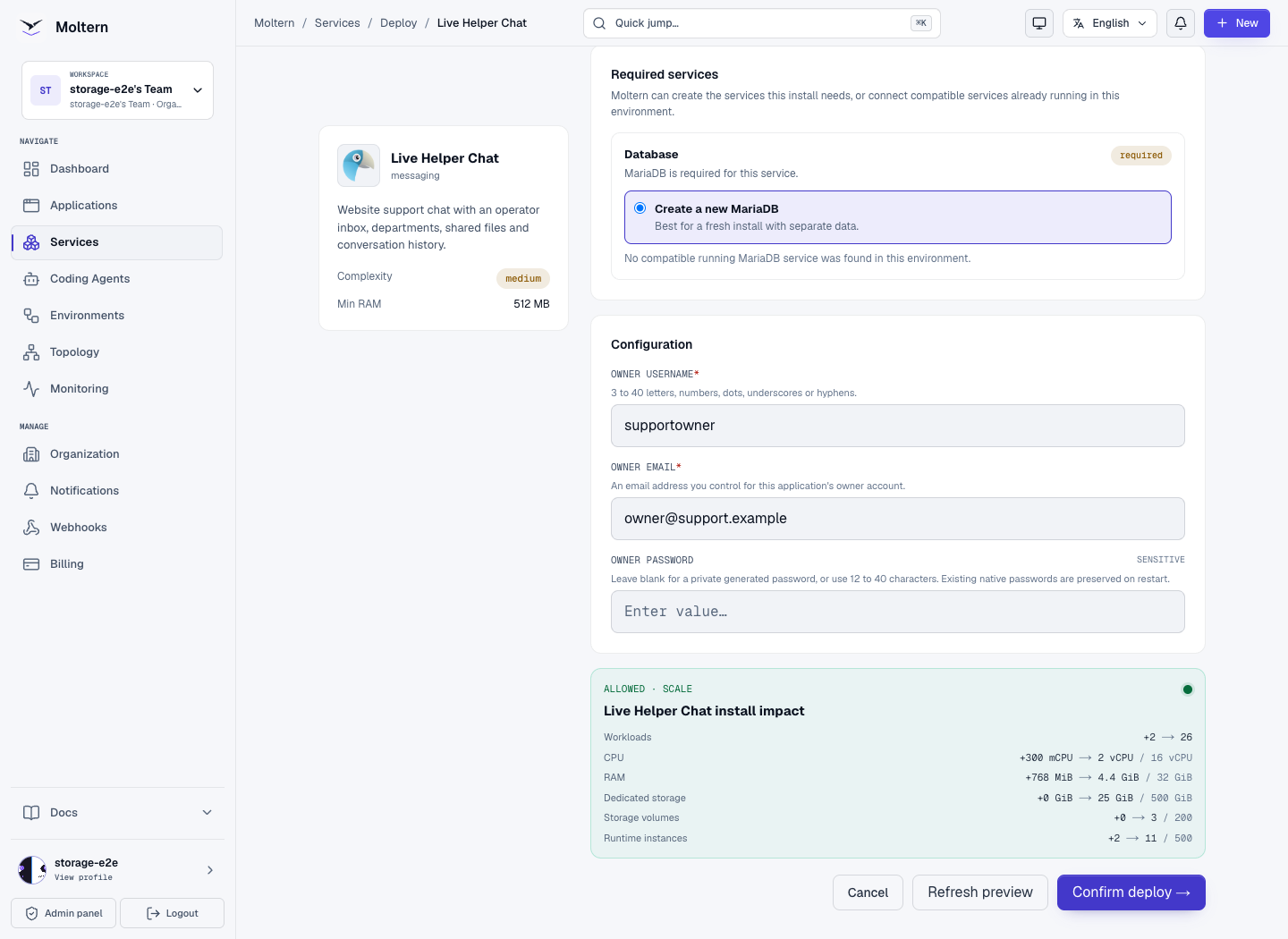 Reviewing the full Live Helper Chat installation impact before confirmation