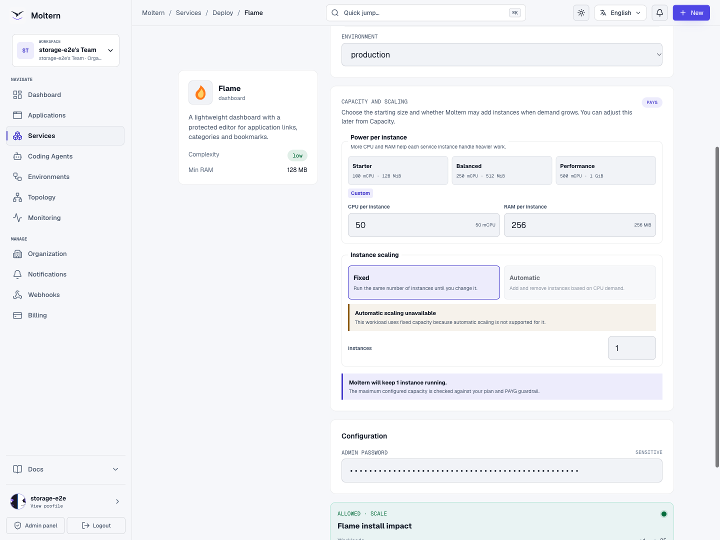 Flame deployment preview with capacity and a masked dashboard password