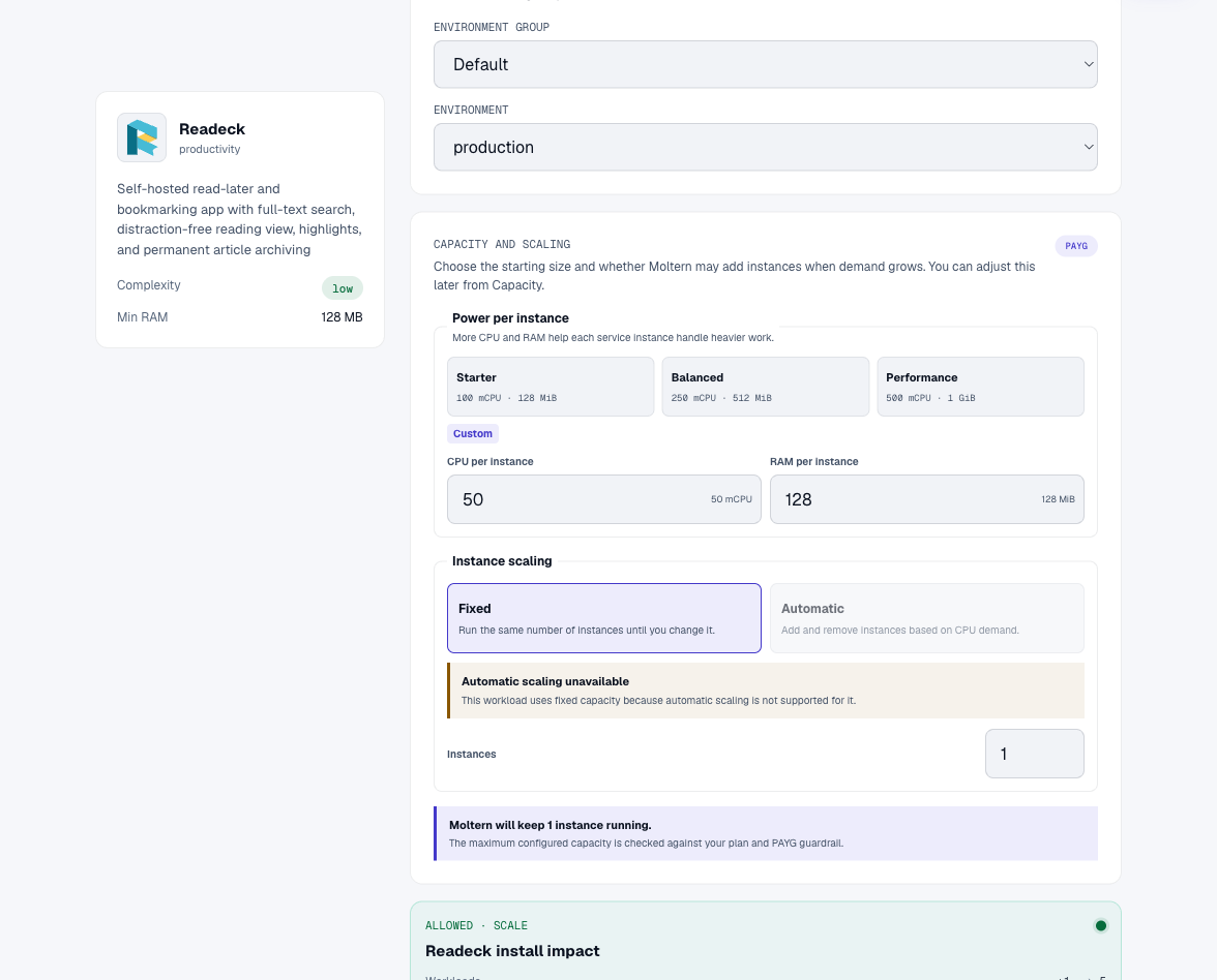 Actual Readeck deployment preview in Moltern showing resource and storage impact