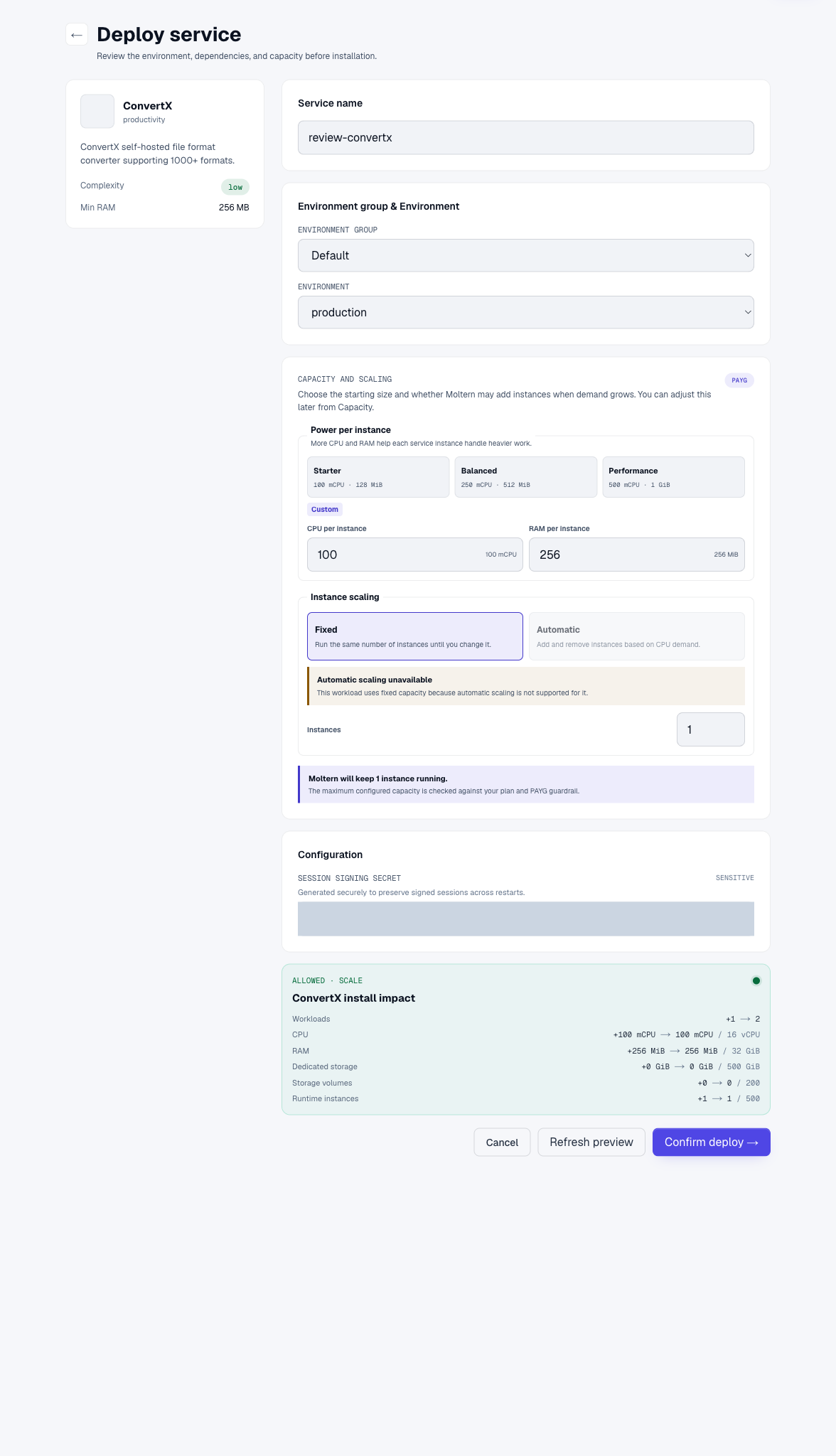 Actual ConvertX installation preview in Moltern with protected configuration masked