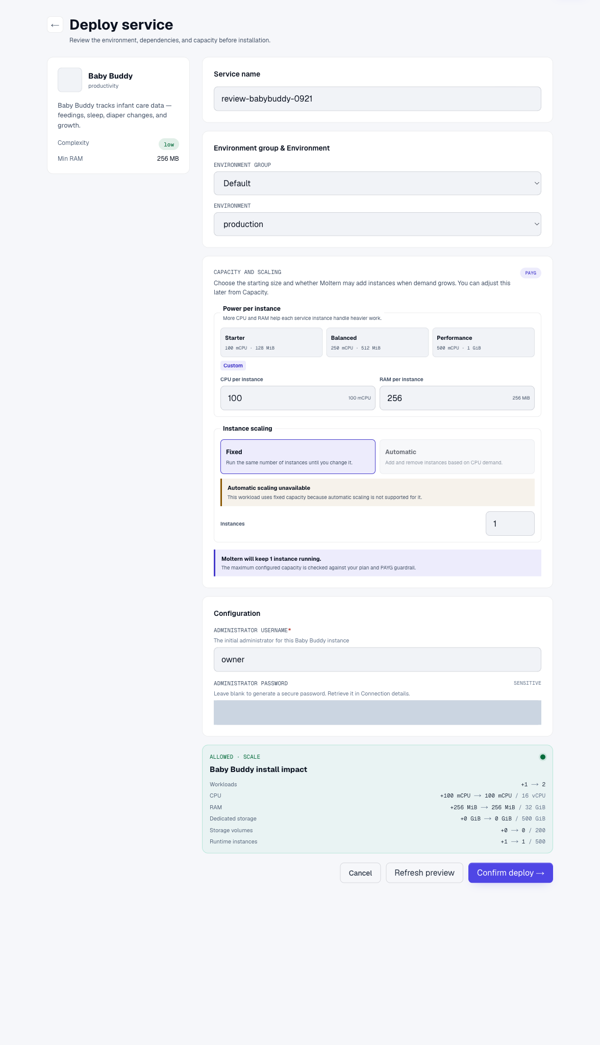 Baby Buddy installation preview in Moltern, with the password concealed