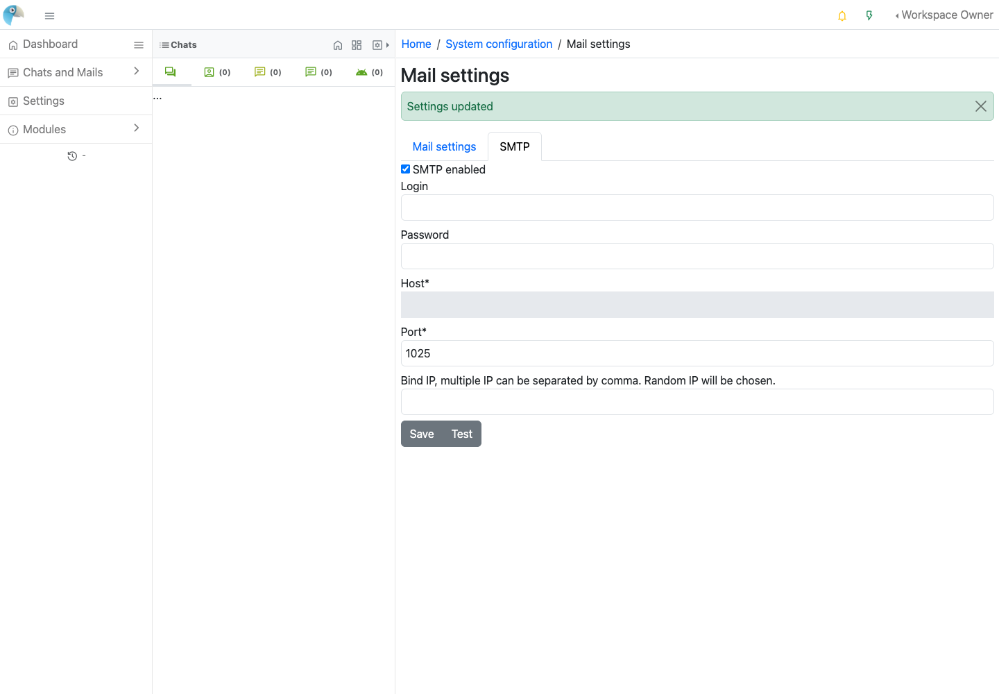 The native SMTP configuration for a private development inbox