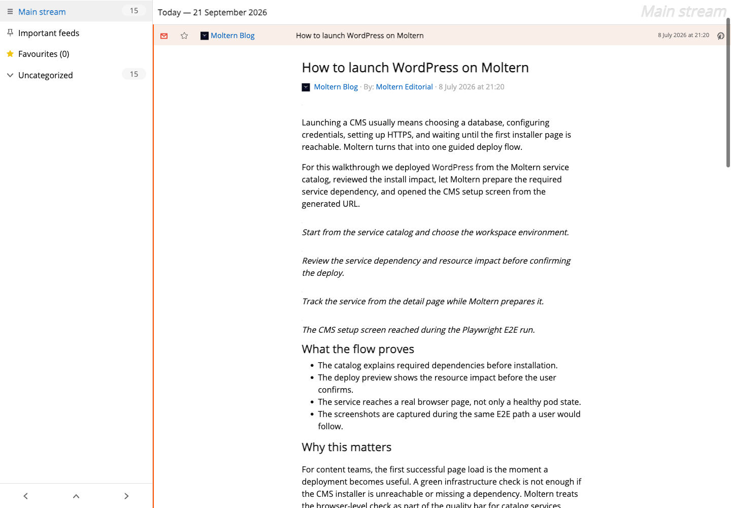 Articles imported from a real public feed and displayed in the FreshRSS reader