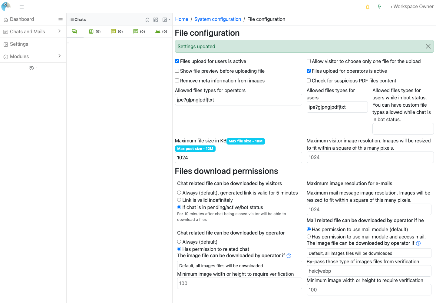 Configuring allowed uploads and file download permissions